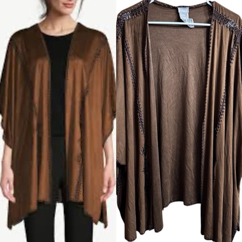 Chicos Brown Faux Suede Ruana Crochet Country Western Boho Open Front Wrap S/M